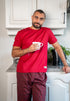 Men summer pajama set Dark Red T-shirt + Black X Dark Red Checkered Pants